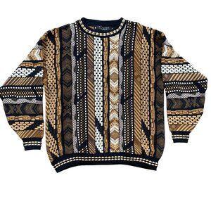 Vintage Protege Collection Stripe Coogi Style Sweater Brown 90s 3D Funky Knit-XL